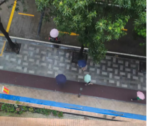 楼下行人打着五颜六色的雨伞