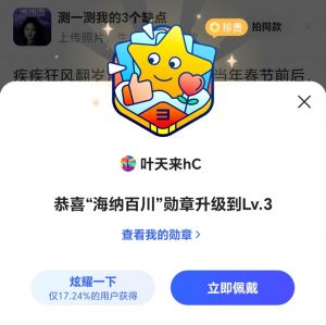 叶天来荣获“海纳百川”勋章（升级到Lv.3）